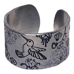 Handmade 8‎ stamped hummingbird floral  hypoallergenic silver wide cuff ring